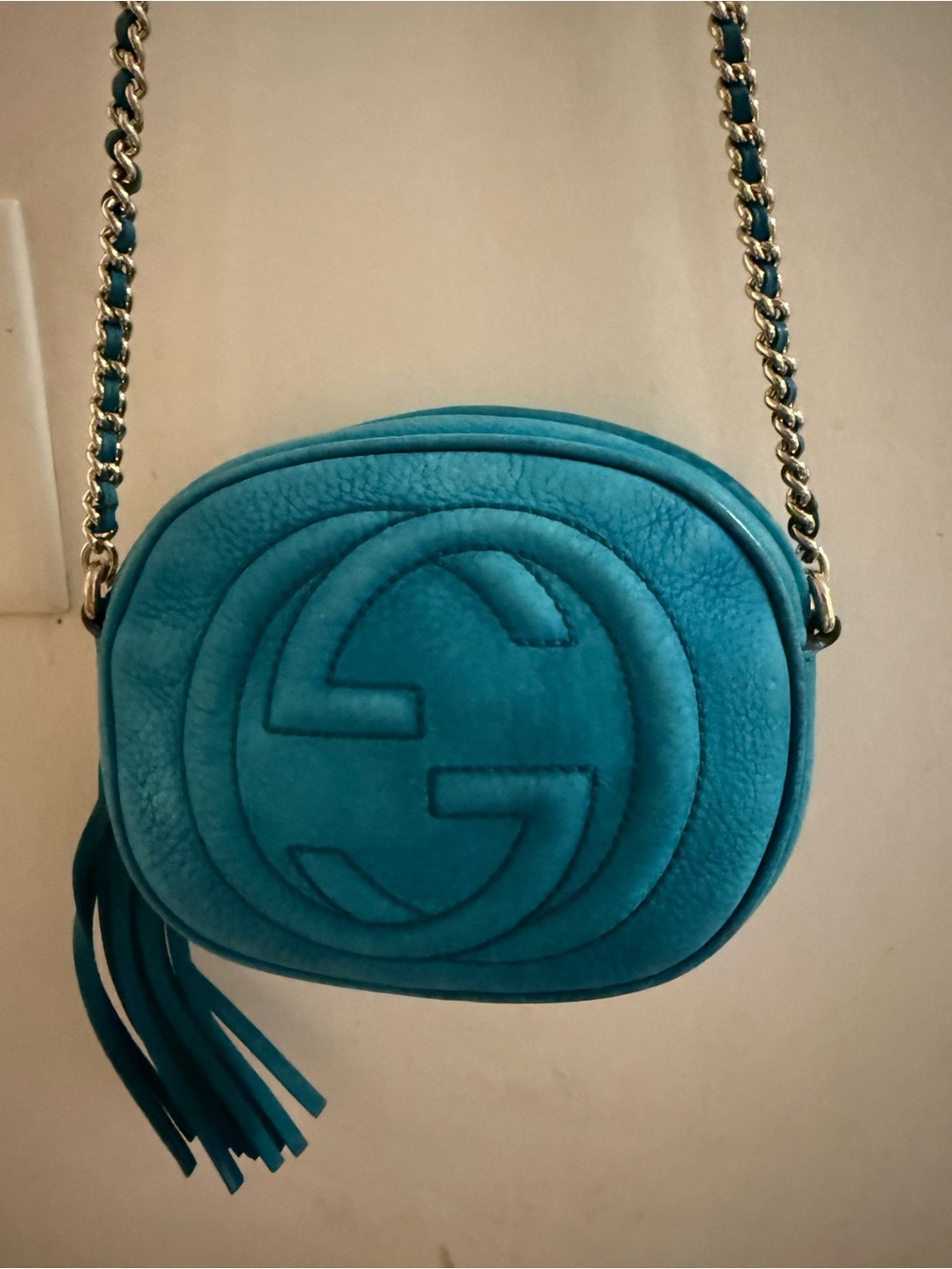 Gucci Teal Suede Mini Crossbody with Tassel. Gucci Marmont